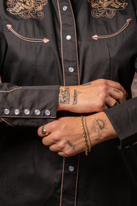 Women's Black Boot Embroidered Western Shirt by Rockmount Ranch Wear with vintage fringe embroidered floral details