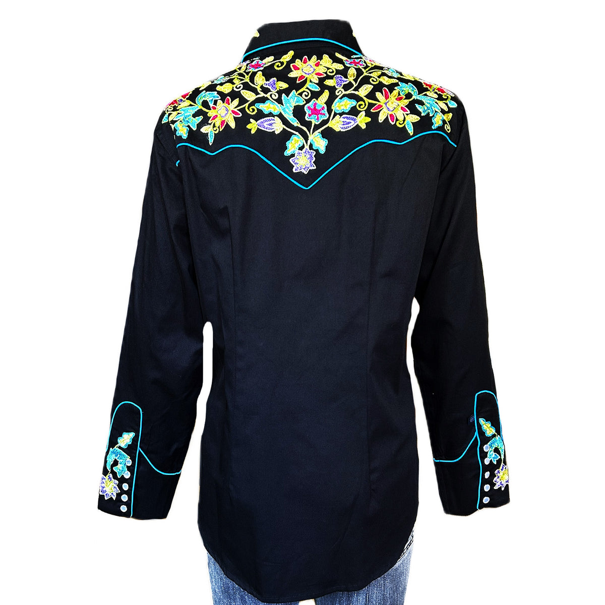 Women's Vintage Black Floral Bouquet Embroidered Western Shirt by Rockmount Ranch Wear with chenille embroidered front