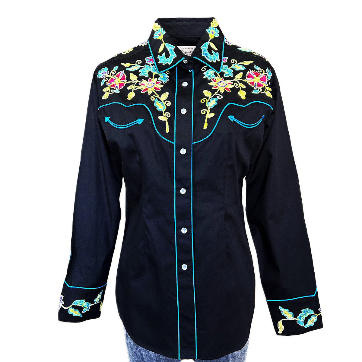 Women's vintage western shirt by Rockmount Ranch Wear in black with floral embroidered chenille and fringe