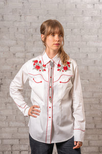 Women Ivory Red Roses and Steerhead Embroidered Western Shirt by Rockmount Ranch Wear, floral embroidered vintage look