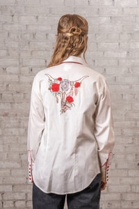 Women's Ivory Red Roses and Steerhead Embroidered Western Shirt by Rockmount Ranch Wear with floral embroidery