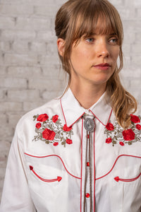 Women's Ivory Red Roses and Steerhead Embroidered Western Shirt by Rockmount Ranch Wear, vintage floral embroidery