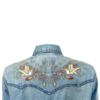 Women's Flying Swallows Embroidered Denim Western Shirt Dress by Rockmount Ranch Wear with vintage floral embroidery