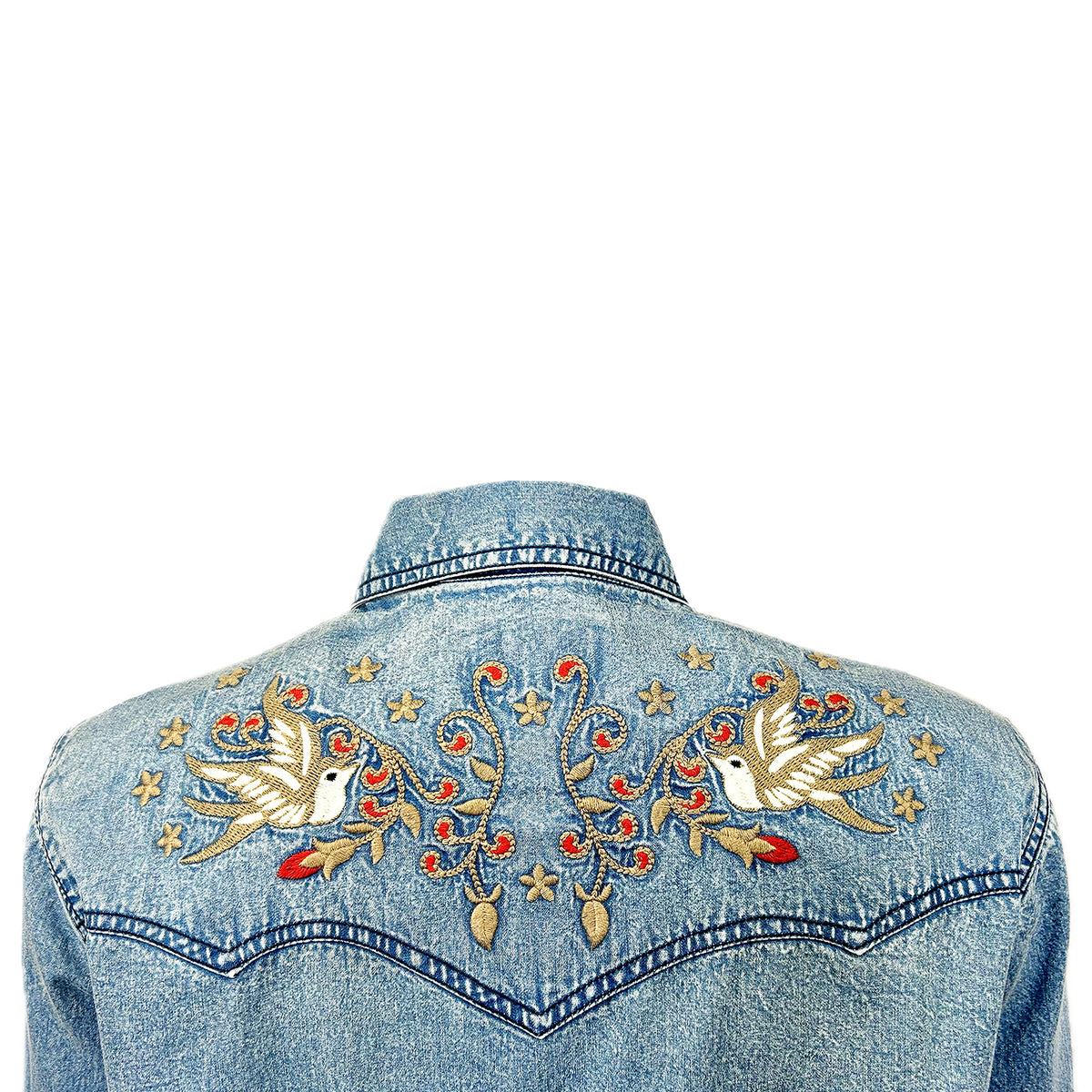 Women's Flying Swallows Embroidered Denim Western Shirt Dress by Rockmount Ranch Wear with vintage floral embroidery