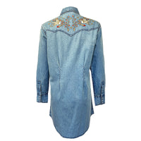 Women's Flying Swallows Embroidered Denim Western Shirt Dress by Rockmount Ranch Wear with genuine chenille embroidery