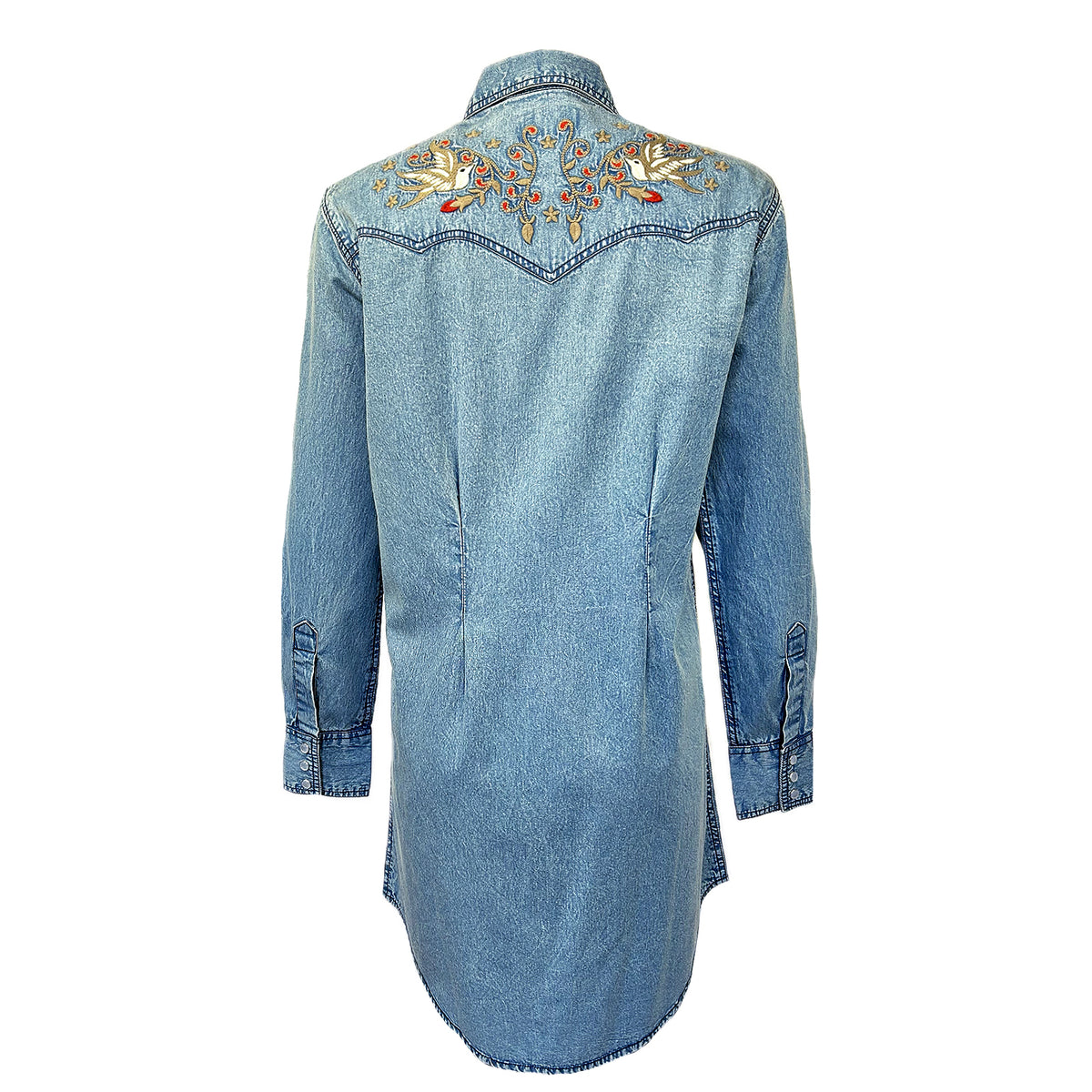Women's Flying Swallows Embroidered Denim Western Shirt Dress by Rockmount Ranch Wear with genuine chenille embroidery