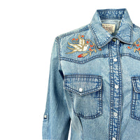 Women's Flying Swallows Embroidered Denim Western Shirt Dress by Rockmount Ranch Wear in vintage denim with chenille embroidery