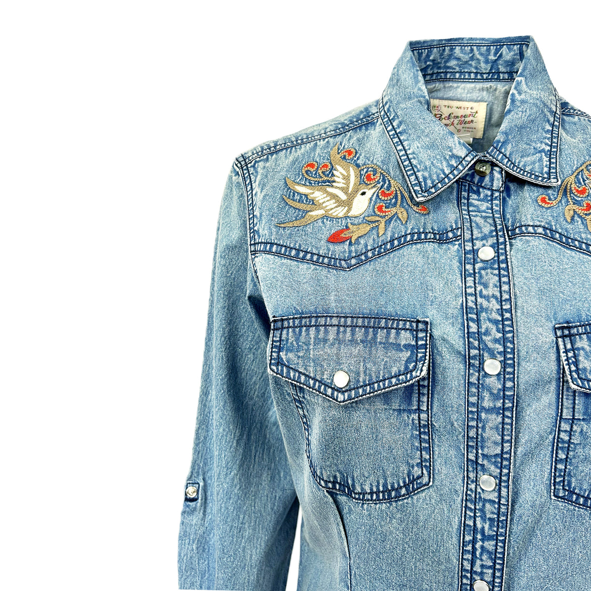 Women's Flying Swallows Embroidered Denim Western Shirt Dress by Rockmount Ranch Wear in vintage denim with chenille embroidery