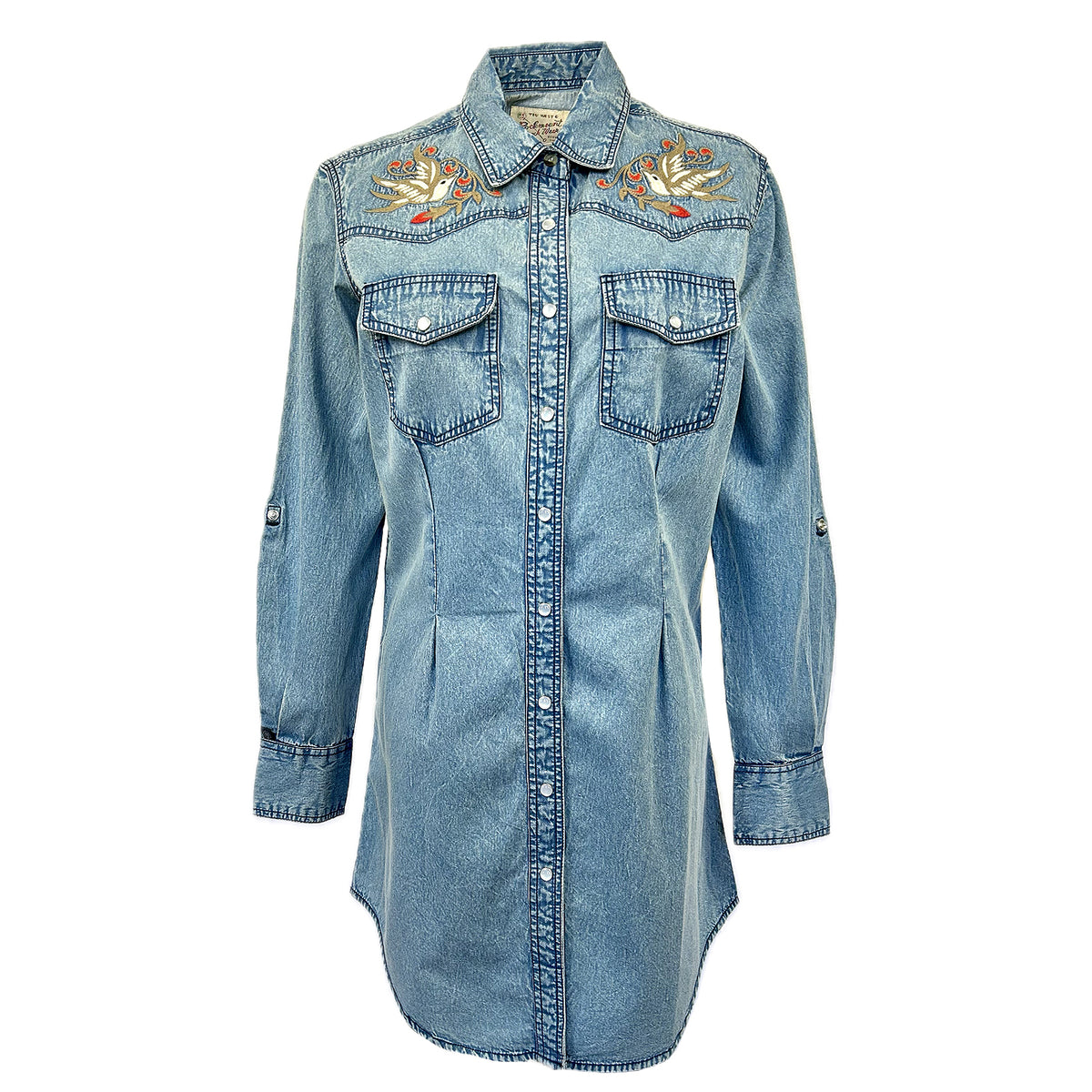 Women's Flying Swallows Embroidered Denim Western Shirt Dress by Rockmount Ranch Wear, vintage denim with chenille embroidery