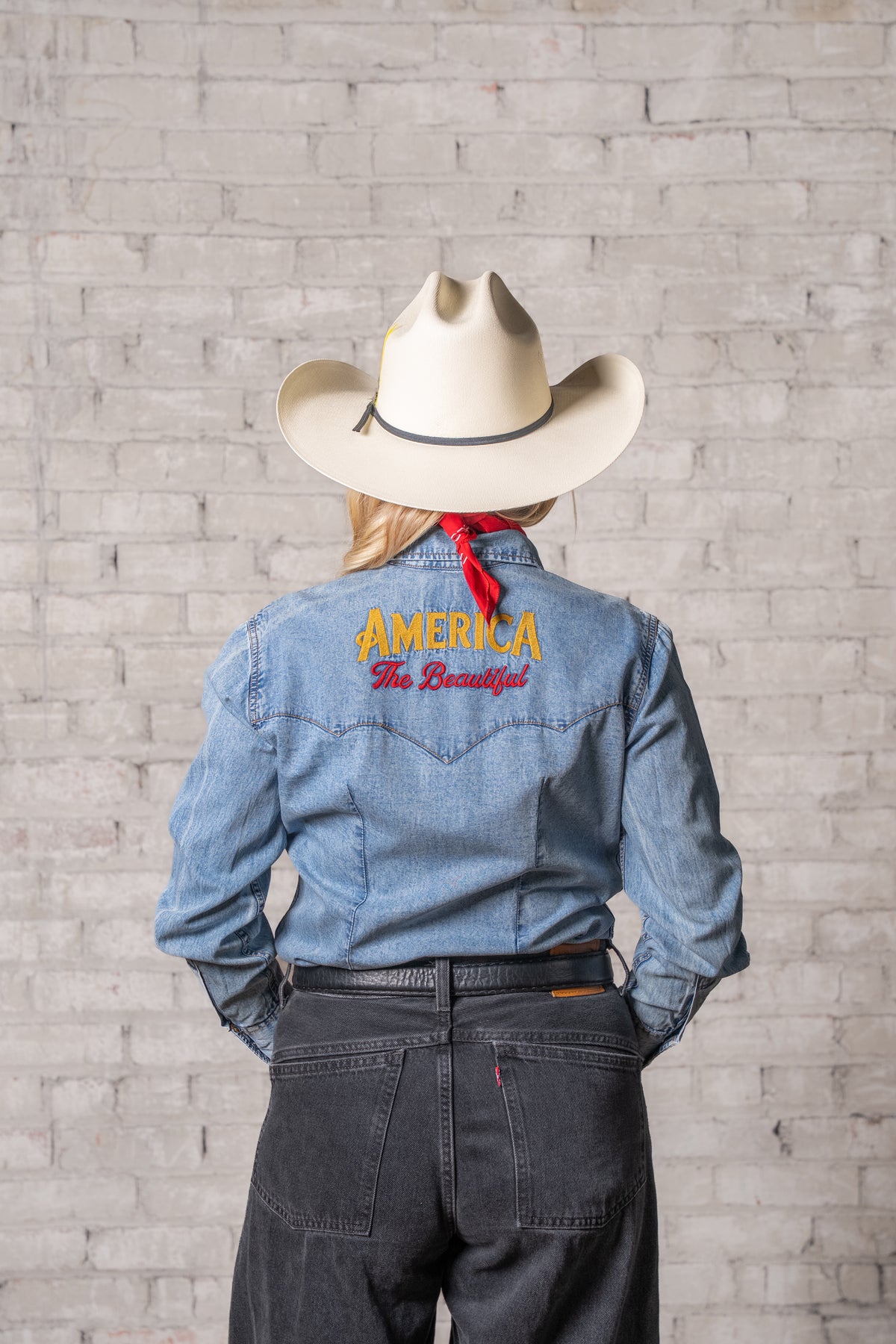 Women's USA 250th America the Beautiful Embroidered Western Shirt by Rockmount Ranch Wear in denim with embroidered western design