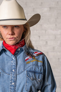 Women's USA 250th America the Beautiful Embroidered Western Shirt by Rockmount Ranch Wear in vintage denim with embroidered floral