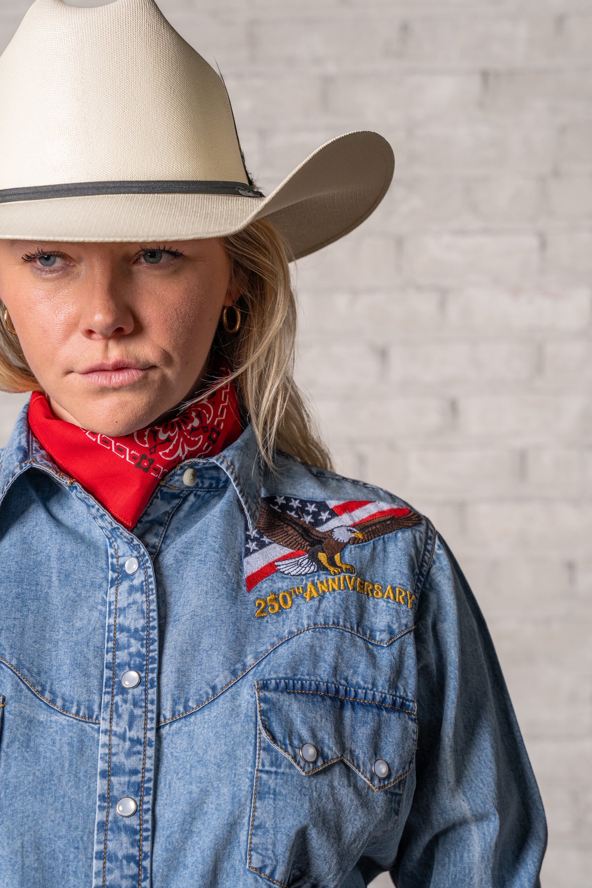 Women's USA 250th America the Beautiful Embroidered Western Shirt by Rockmount Ranch Wear in vintage denim with embroidered floral