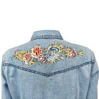 Women's Denim Floral Embroidered Western Shirt by Rockmount Ranch Wear in vintage denim with embroidered floral yoke