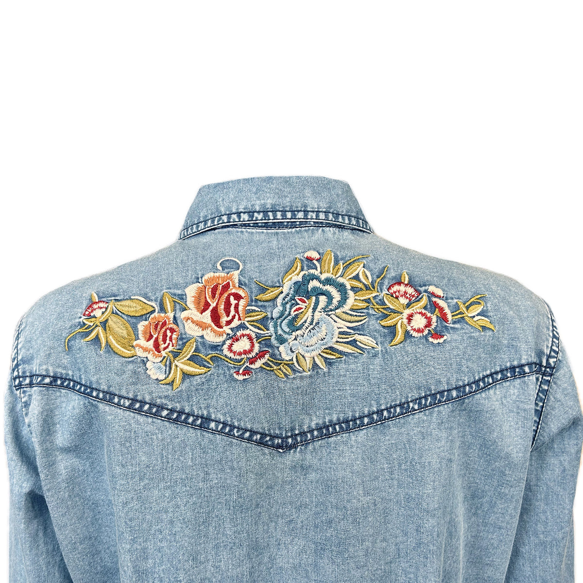 Women's Denim Floral Embroidered Western Shirt by Rockmount Ranch Wear in vintage denim with embroidered floral yoke