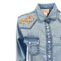 Women's Denim Floral Embroidered Western Shirt by Rockmount Ranch Wear in vintage denim with embroidered western shirt details