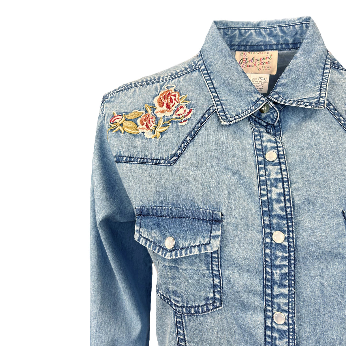 Women's Denim Floral Embroidered Western Shirt by Rockmount Ranch Wear in vintage denim with embroidered western shirt details