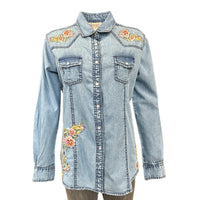 Women's Denim Floral Embroidered Western Shirt by Rockmount Ranch Wear in stonewashed denim with snap buttons
