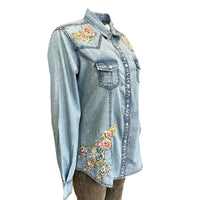 Women's Denim Floral Embroidered Western Shirt by Rockmount Ranch Wear in vintage denim with floral embroidery
