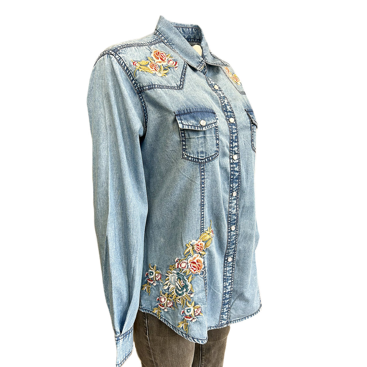 Women's Denim Floral Embroidered Western Shirt by Rockmount Ranch Wear in vintage denim with floral embroidery