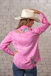 Women's Pink Denim Floral Embroidered Western Shirt by Rockmount Ranch Wear with embroidered floral yoke