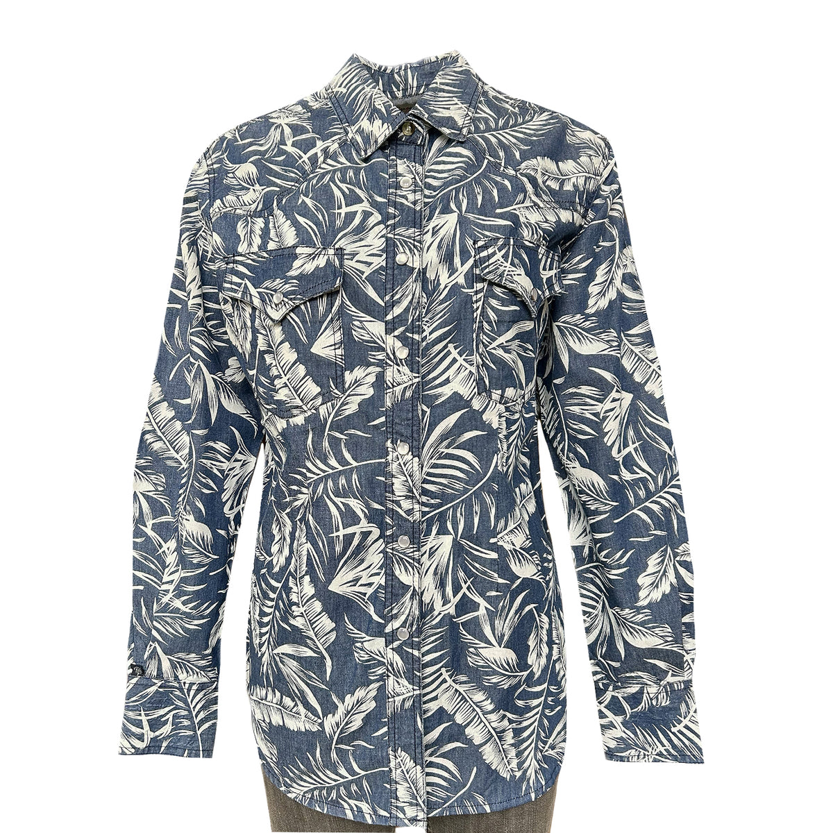 Women's Denim Floral Print Western Shirt by Rockmount Ranch Wear in indigo denim with floral print