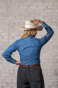 Women's Denim Boho Floral Embroidered Western Shirt by Rockmount Ranch Wear in stonewashed denim with floral embroidery