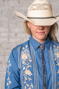 Women's Denim Boho Floral Embroidered Western Shirt by Rockmount Ranch Wear in blue denim with fringe and floral embroidery