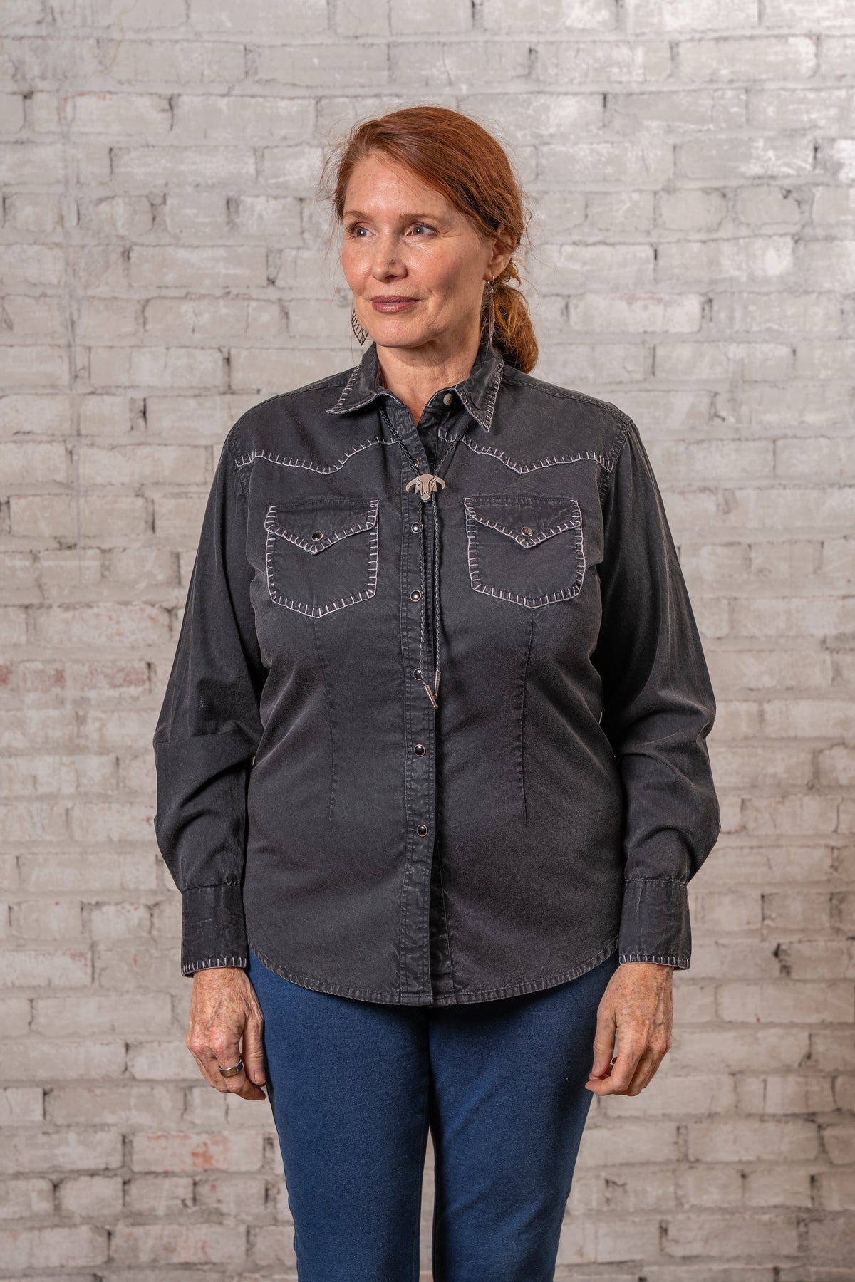 Women's Black Stonewashed Denim Blanket Stitch Western Shirt by Rockmount Ranch Wear with contrasting embroidered pockets