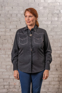 Women's Black Stonewashed Denim Blanket Stitch Western Shirt by Rockmount Ranch Wear with contrasting embroidered pockets