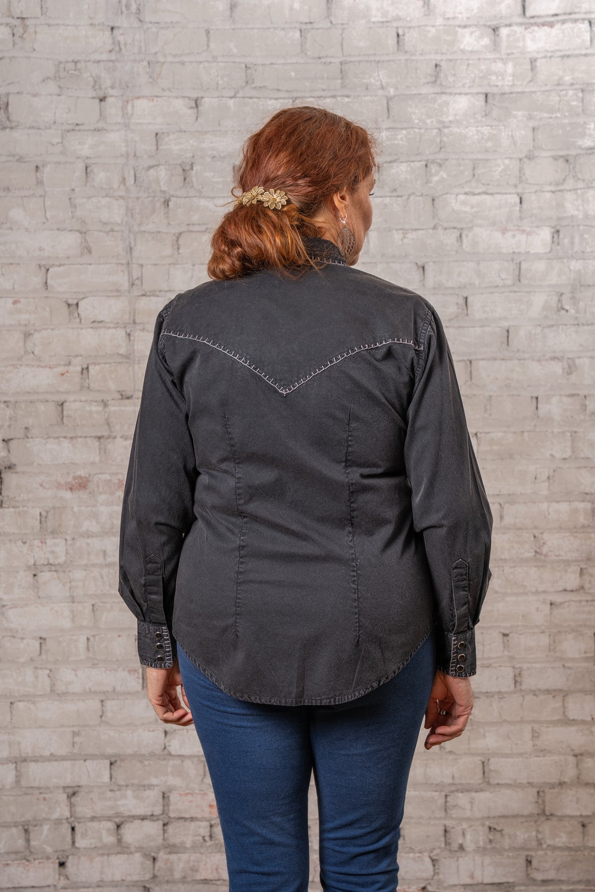 Women's Black Stonewashed Denim Blanket Stitch Western Shirt by Rockmount Ranch Wear with contrasting embroidery