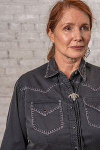Women's Black Stonewashed Denim Blanket Stitch Western Shirt Rockmount Ranch Wear with vintage fringe embroidery