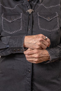 Women's Black Stonewashed Denim Blanket Stitch Western Shirt by Rockmount Ranch Wear with contrasting embroidery