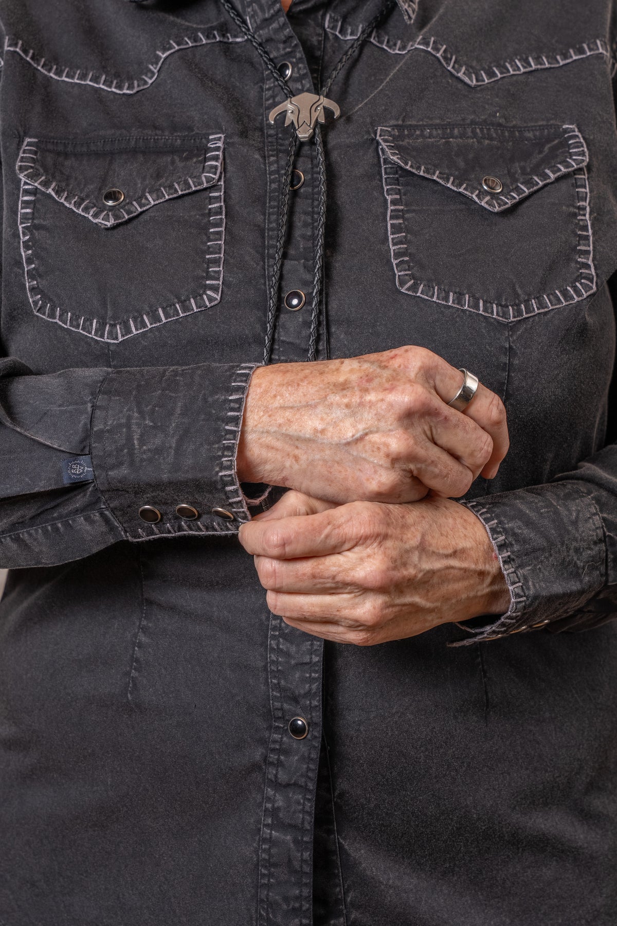 Women's Black Stonewashed Denim Blanket Stitch Western Shirt by Rockmount Ranch Wear with contrasting embroidery