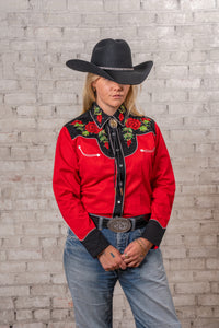 Women's Vintage 2-Tone Red Roses Embroidered Western Shirt by Rockmount Ranch Wear, vintage floral embroidery