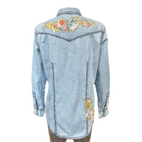 Rockmount Ranch Wear vintage western shirt in light denim with floral embroidered yoke and flap pockets
