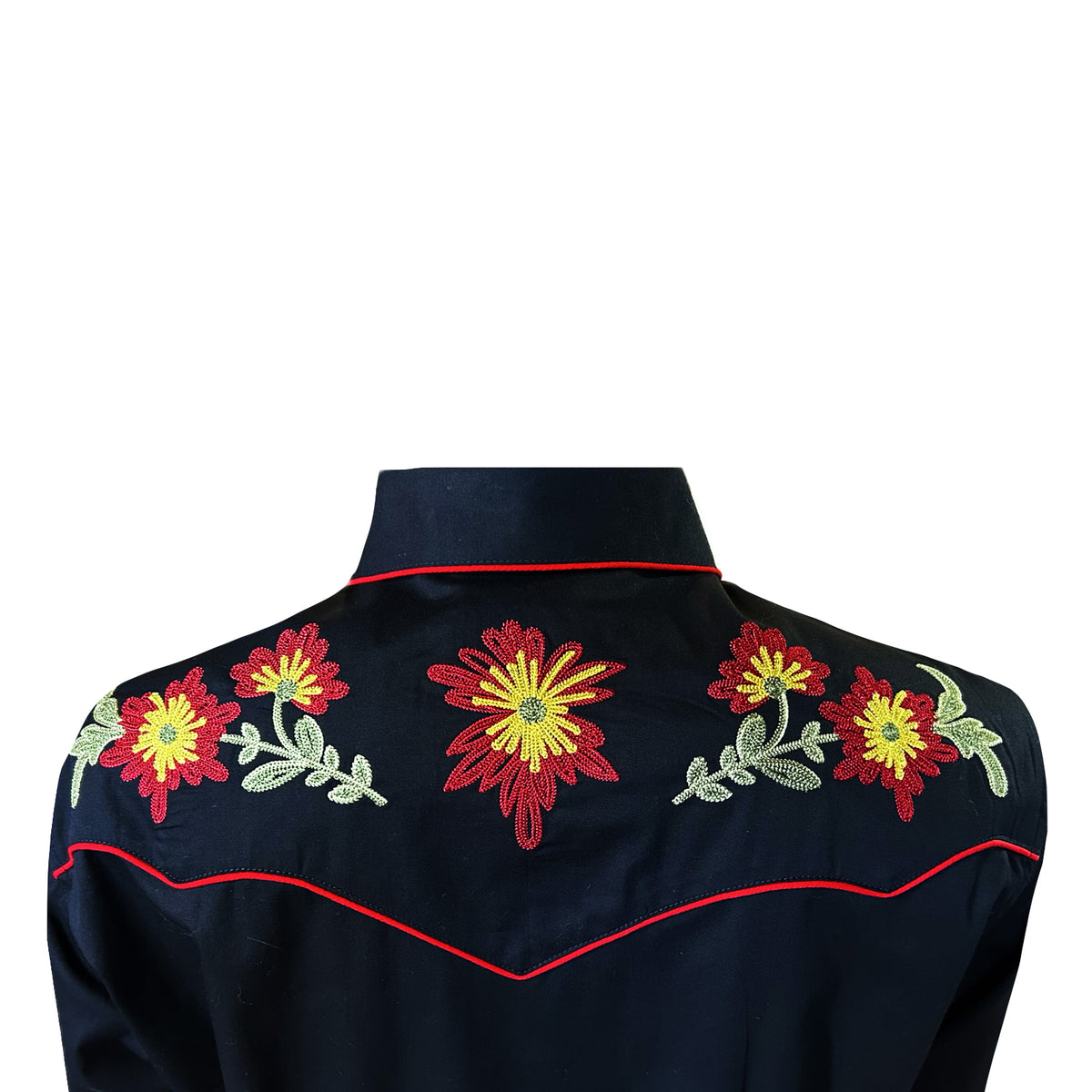 Women's Vintage Black Floral Embroidered Western Shirt by Rockmount Ranch Wear with hand chenille embroidery