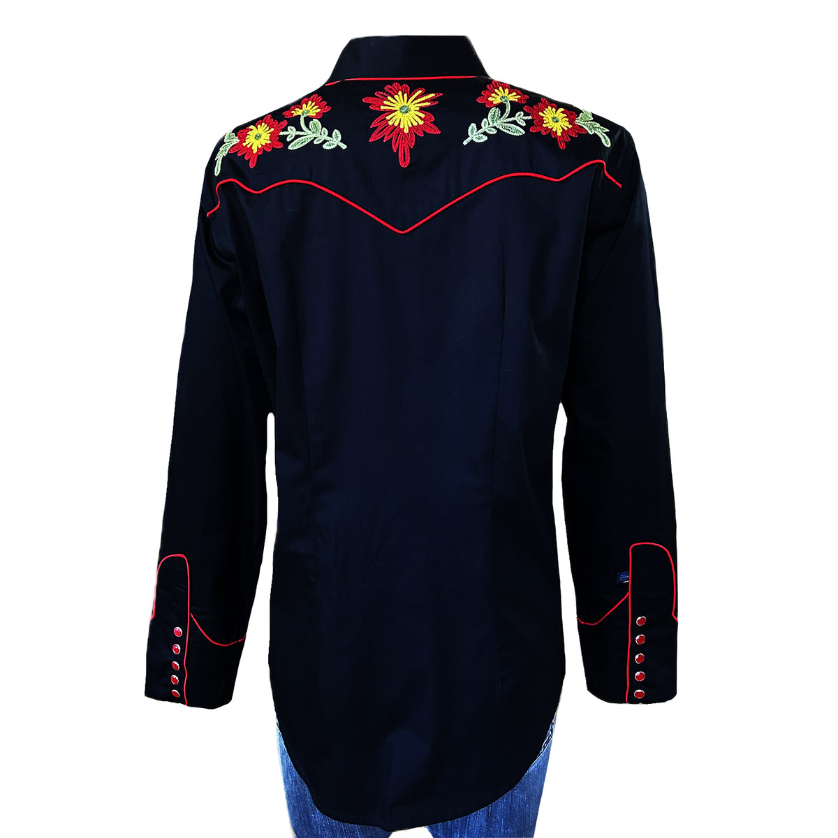 Women's Vintage Black Floral Embroidered Western Shirt by Rockmount Ranch Wear with hand chenille embroidery