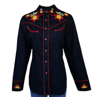 Women's Vintage Black Floral Embroidered Western Shirt by Rockmount Ranch Wear with fringe and hand chenille embroidery