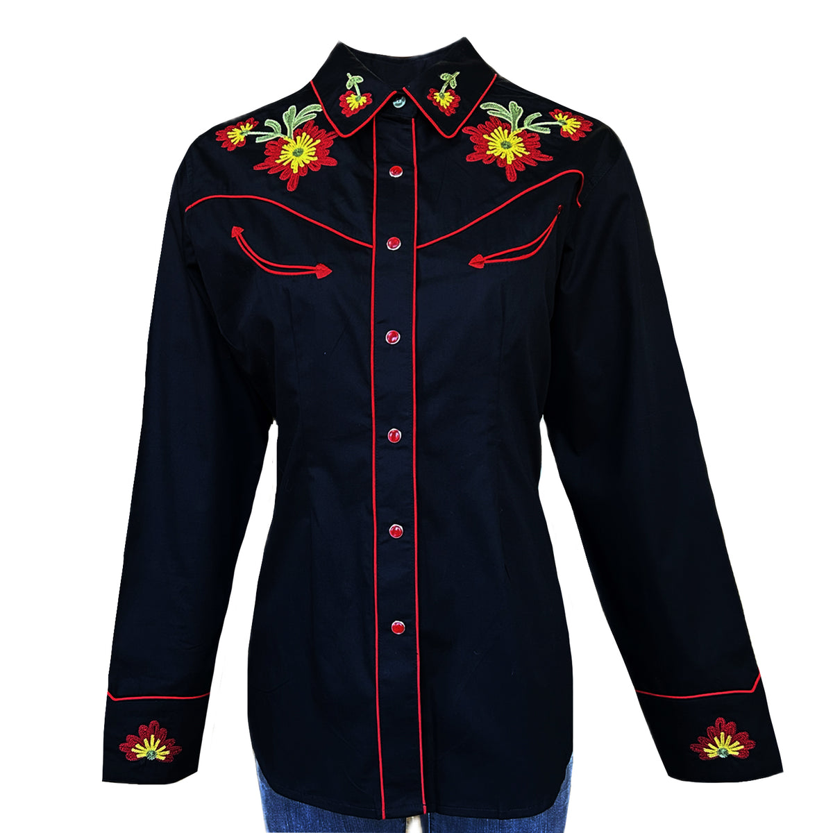 Women's Vintage Black Floral Embroidered Western Shirt by Rockmount Ranch Wear with fringe and hand chenille embroidery