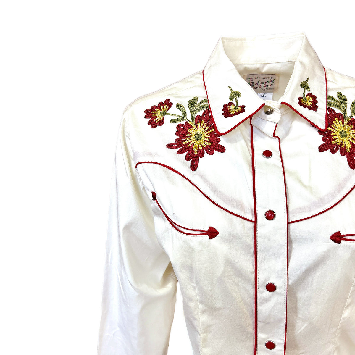 Women's Vintage Ivory Floral Embroidered Western Shirt by Rockmount Ranch Wear with floral fringe and chenille embroidery