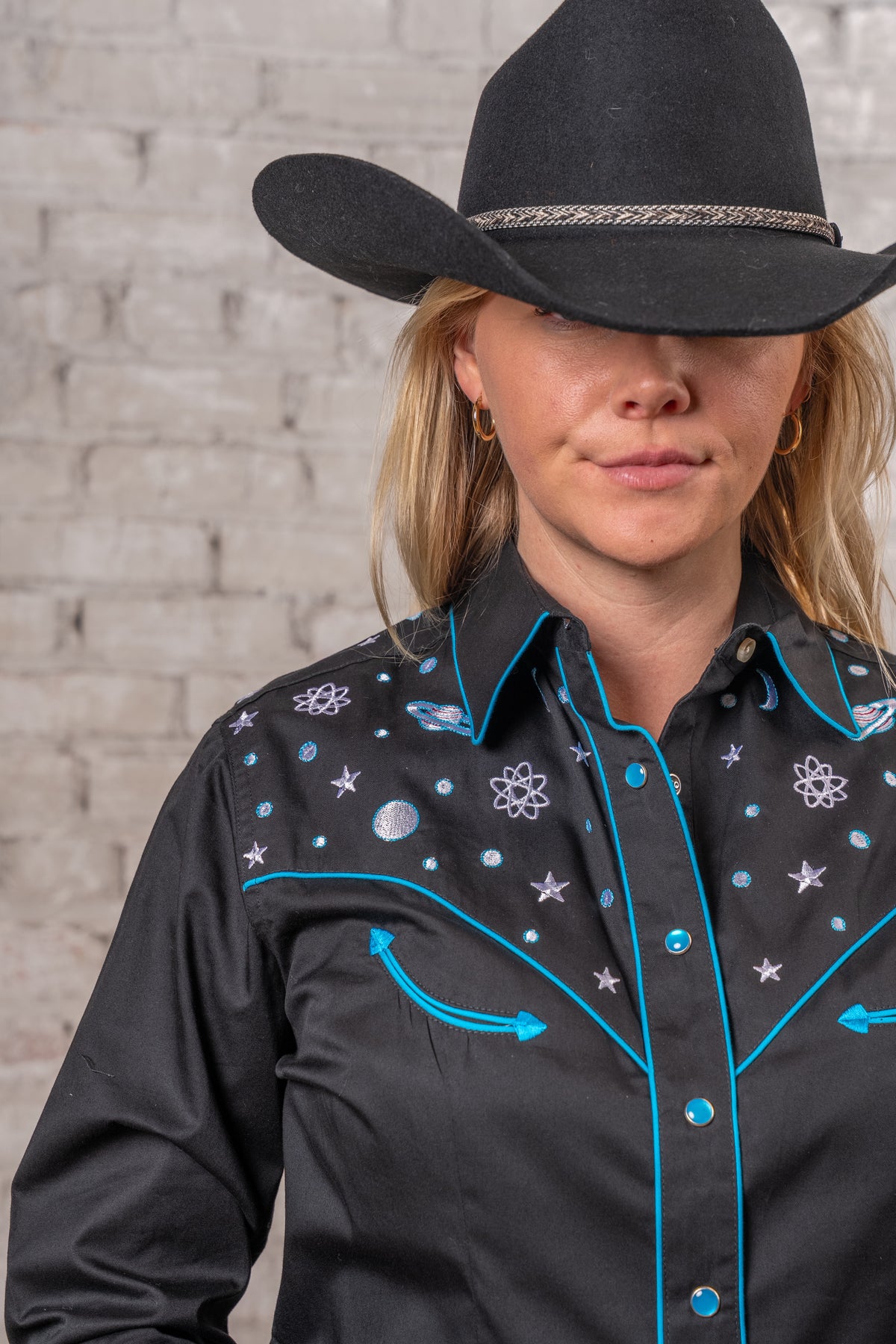 Women's Black Out of This World Embroidered Western Shirt by Rockmount Ranch Wear with embroidered western shirt details
