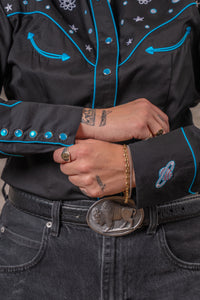 Women's Black Out of This World Embroidered Western Shirt by Rockmount Ranch Wear with blue fringe and snap buttons