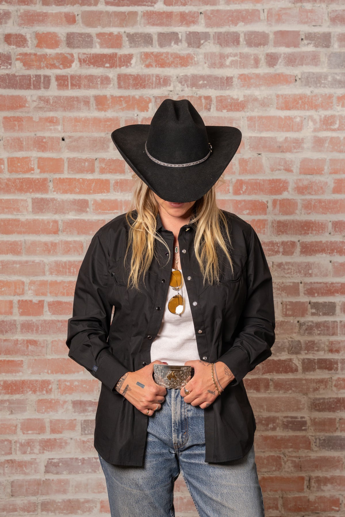 Women Solid Black 100 percent Cotton Western Shirt by Rockmount Ranch Wear with smile pocket embroidered arrow ends