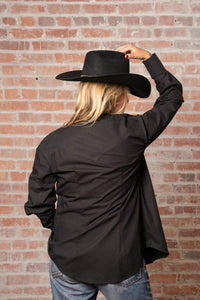 Women's Solid Black 100 percent Cotton Western Shirt by Rockmount Ranch Wear with smile pockets and embroidered arrow ends