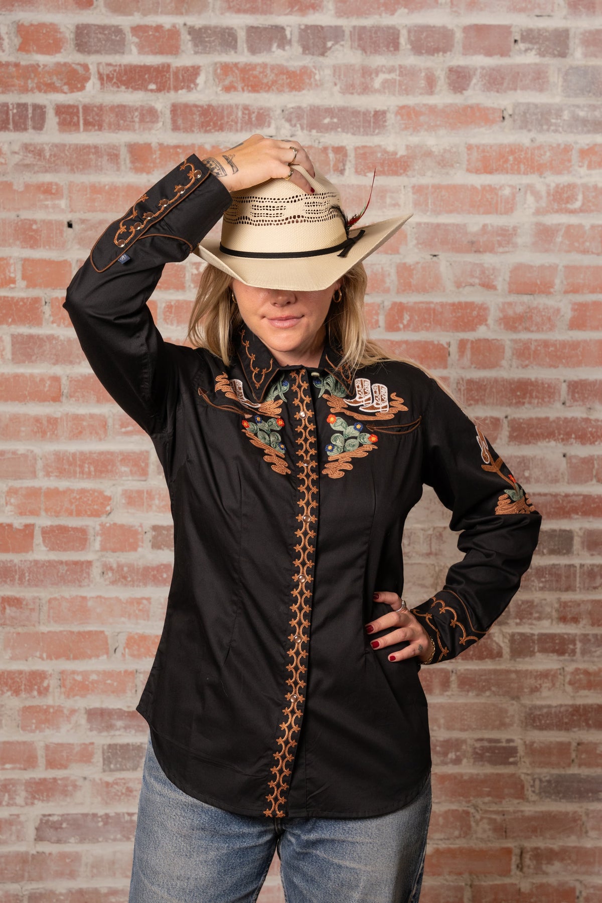 Women's Vintage Cactus and Cowgirl Boots Embroidered Western Shirt in Black by Rockmount Ranch Wear