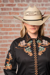 Women's Vintage Cactus Cowgirl Boots Embroidered Western Shirt in Black by Rockmount Ranch Wear with hand chenille embroidery