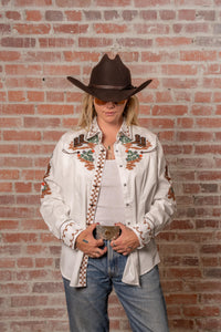 Women's Vintage Ivory Cactus Cowgirl Boots Embroidered Western Shirt by Rockmount Ranch Wear, vintage western shirt
