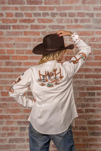 Women's Vintage Ivory Cactus Cowgirl Boots Embroidered Western Shirt by Rockmount Ranch Wear, hand chenille