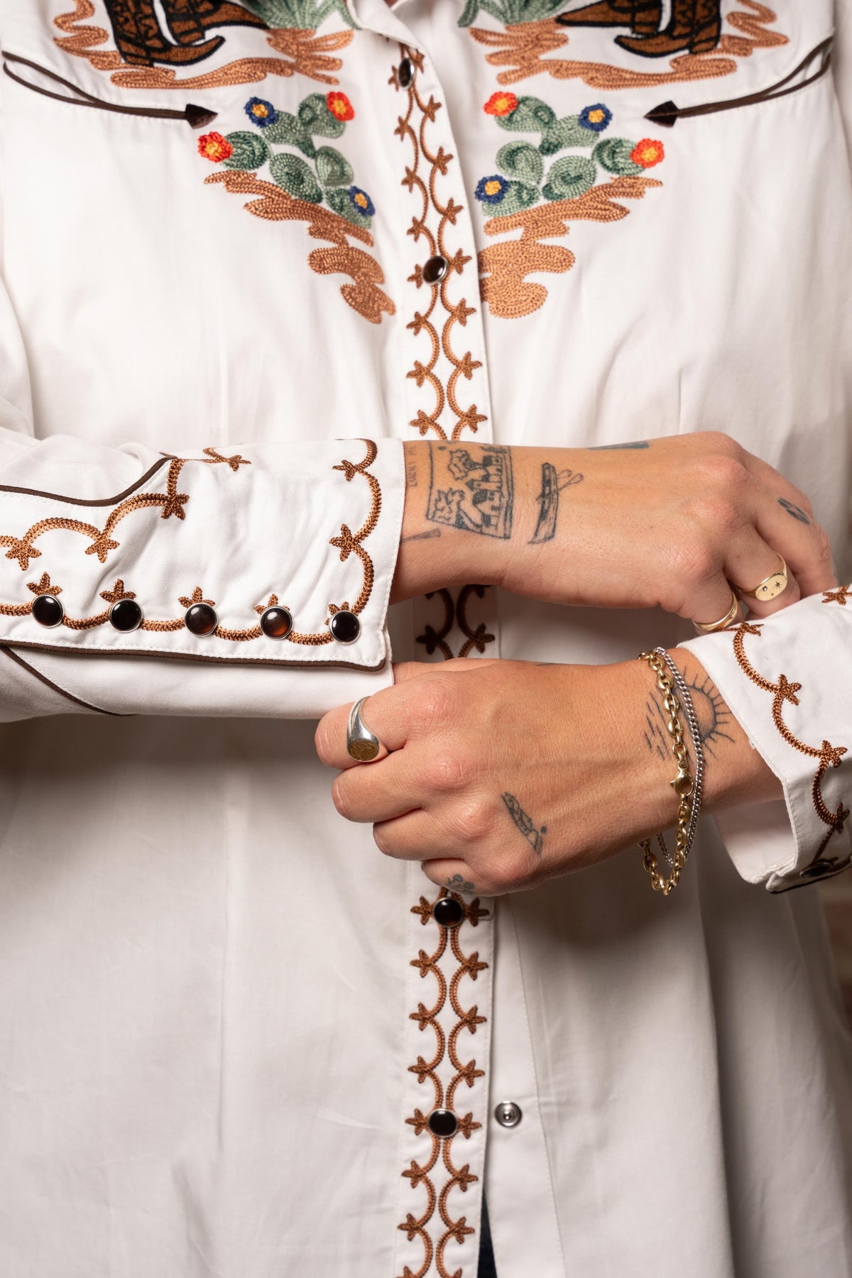 Women's Vintage Ivory Cactus and Cowgirl Boots Embroidered Western Shirt by Rockmount Ranch Wear, fringe