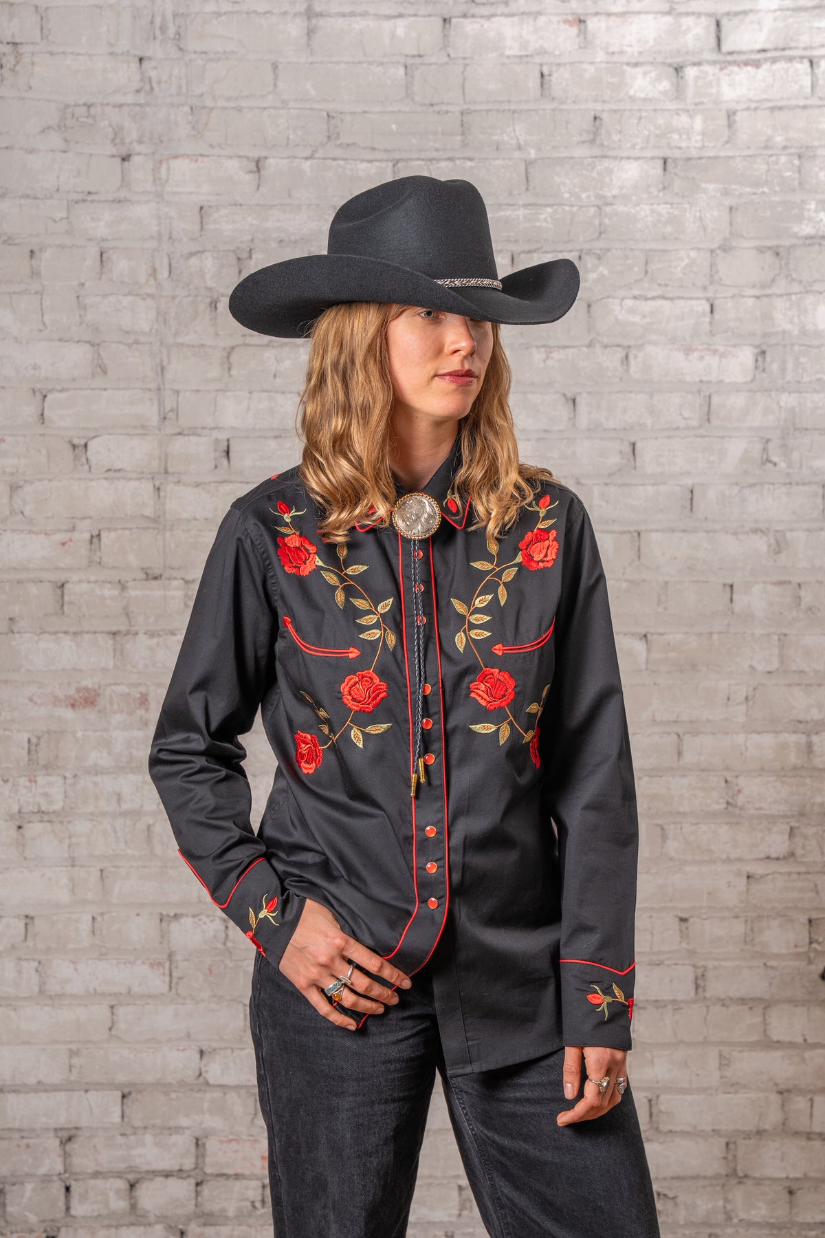 Women's Vintage Black Rose Embroidered Western Shirt by Rockmount Ranch Wear, vintage floral embroidered snap front